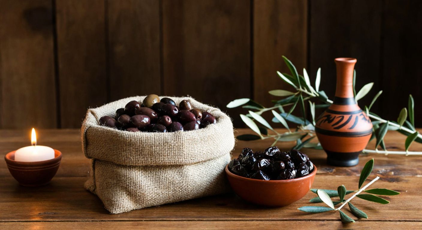 A rustic wooden table in a Turkish village home holds a burlap sack of freshly packed olives, with a small bowl of cured black olives beside it, surrounded by olive branches and a traditional ceramic oil lamp.
