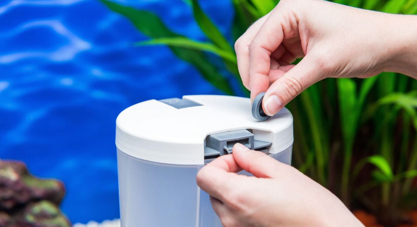 A close-up of a person’s hands carefully attaching a rubber seal to a white Eheim filter lid, with an aquarium’s blue-tinted water and green plants blurred in the background.