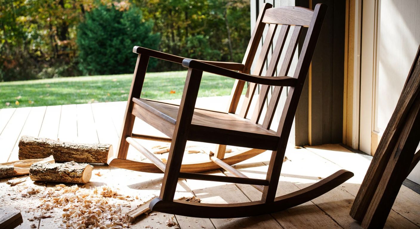 A rustic wooden rocking chair made of walnut or oak sits on a sunlit porch, surrounded by scattered wood shavings and a few freshly cut logs, evoking craftsmanship and natural warmth.