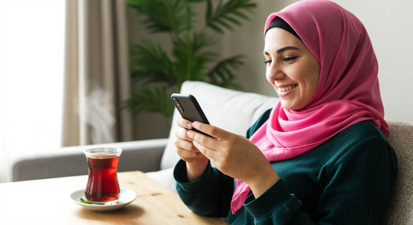 A Turkish woman in a cozy home setting, wearing a headscarf and holding a smartphone, smiles while browsing the NetCity website on her screen, with a steaming cup of Turkish tea beside her.