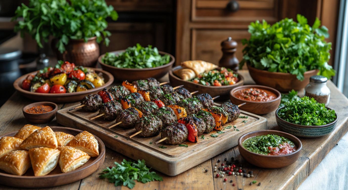 A rustic Turkish kitchen with a wooden table displaying a spread of kebabs, roasted vegetables, fresh salads, and golden pastries, all lightly dusted with ground coriander (kinzi) beside a small bowl of the fragrant green herb.