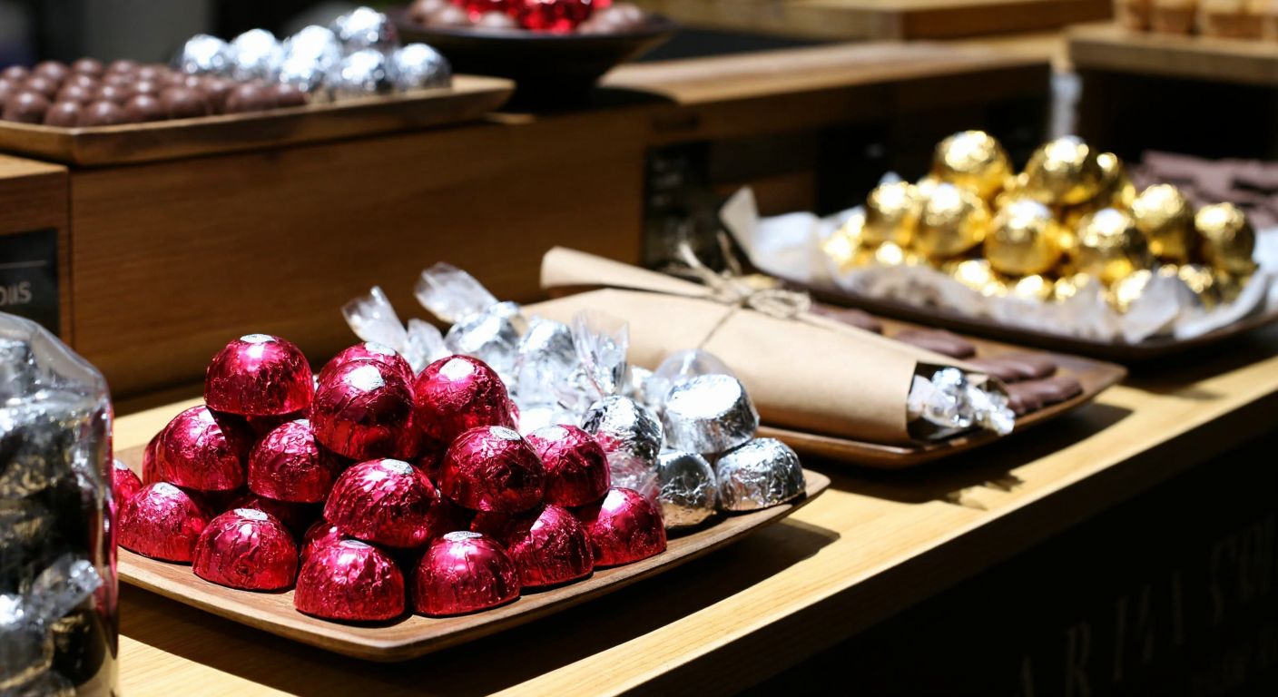 A vibrant Turkish chocolate shop display with neatly wrapped chocolates in shiny aluminum foil, rustic kraft paper, and elegant parchment paper, arranged on a wooden counter.