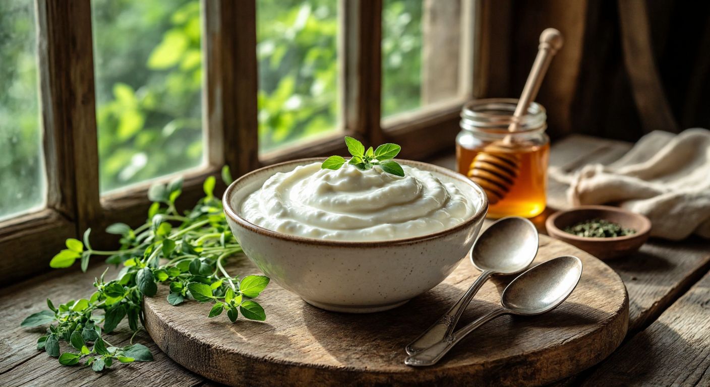 A rustic wooden table in a sunlit Turkish farmhouse holds a bowl of creamy white goat yogurt with a spoon beside it, surrounded by fresh herbs and a jar of honey, evoking natural simplicity and organic purity.