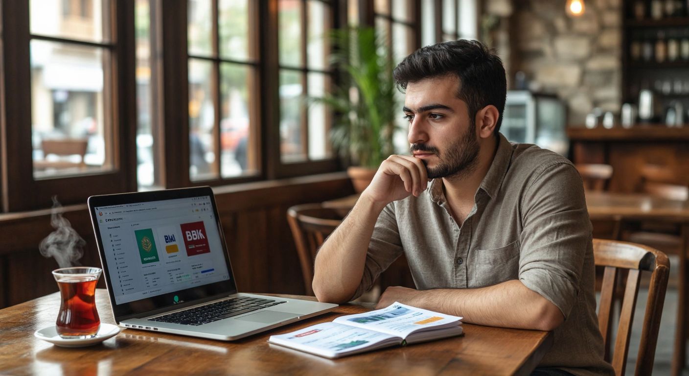 A Turkish man in a casual shirt sits at a wooden table with a laptop displaying colorful bank logos, looking thoughtfully at a notebook filled with financial notes, while a steaming cup of Turkish tea sits beside him.