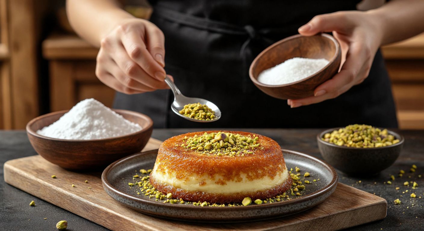 A golden-brown kazandibi dessert on a small plate, garnished with crushed pistachios, placed beside a measuring cup of sugar and a bowl of cornstarch, with a Turkish woman in a kitchen apron carefully adjusting the portion size with a spoon.