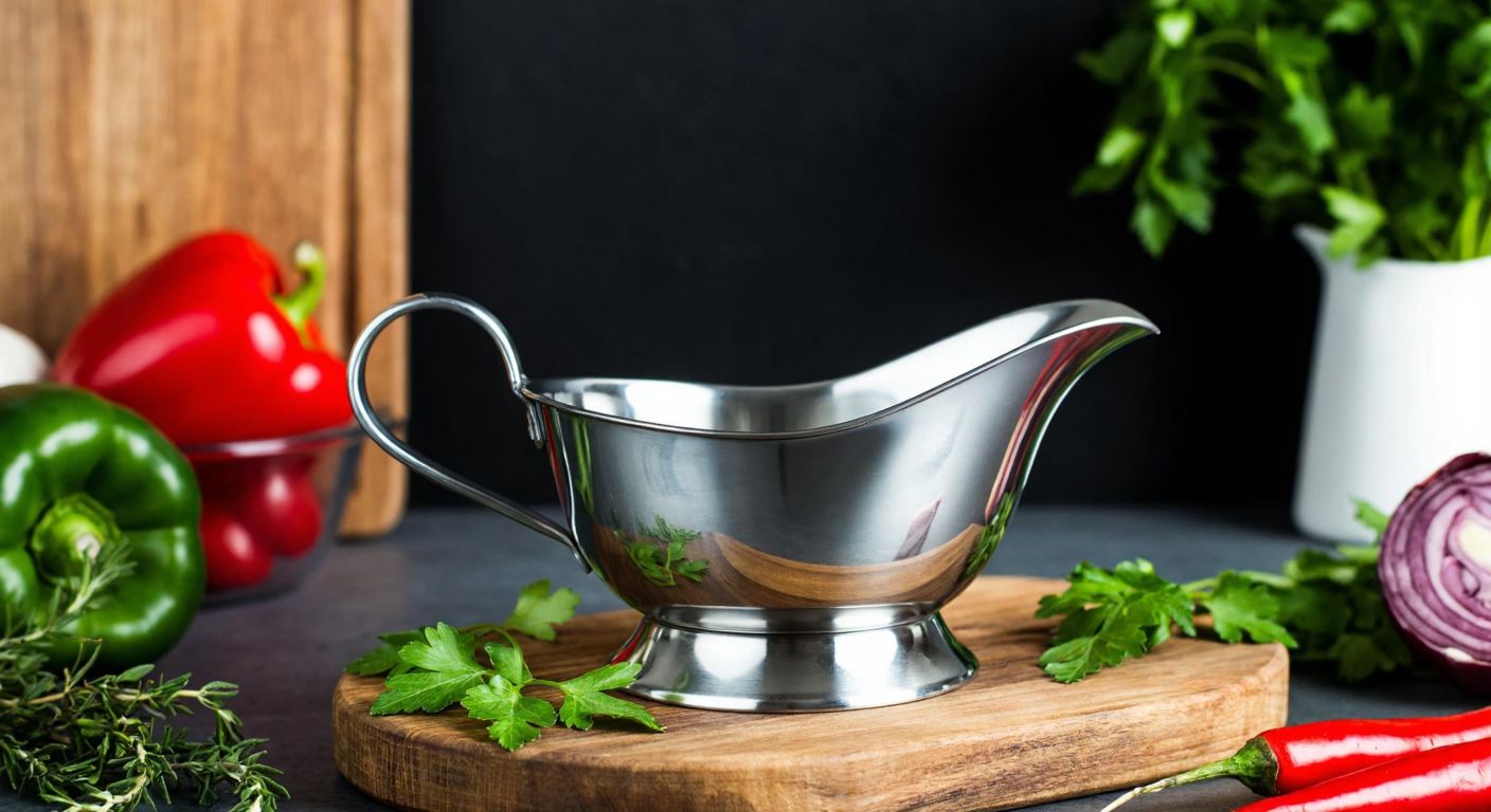 A gleaming stainless steel gravy boat sits on a rustic wooden table in a Turkish kitchen, surrounded by fresh herbs and vibrant vegetables, evoking warmth and wholesome cooking.