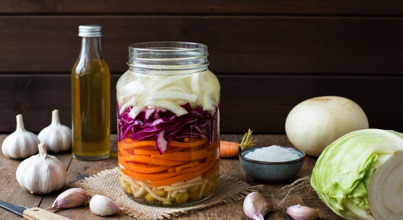 A rustic Turkish kitchen countertop with freshly sliced turnips, carrots, and cabbage layered in a glass jar, surrounded by peeled garlic cloves, a bowl of salt, and a bottle of vinegar, evoking the warmth of homemade pickling.