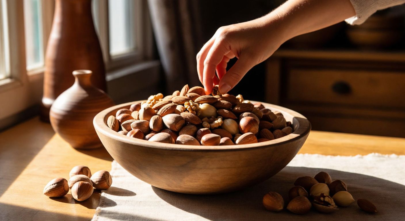 A rustic wooden bowl filled with fresh, raw mixed nuts—almonds, walnuts, and hazelnuts—resting on a sunlit table in a cozy Turkish kitchen, with a hand reaching in to grab a handful.