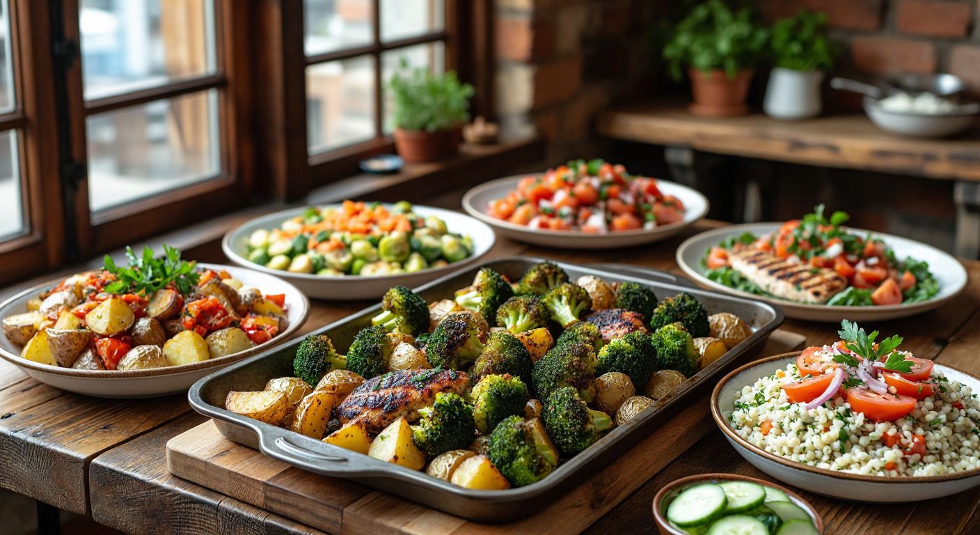 A rustic wooden table in a cozy Turkish kitchen holds a steaming tray of roasted broccoli and potatoes, surrounded by plates of grilled chicken, a vibrant yogurt-carrot salad, a warm cauliflower-Brussels sprout salad, a fresh seasonal salad with tomatoes and cucumbers, and a fragrant bowl of barley pilaf.