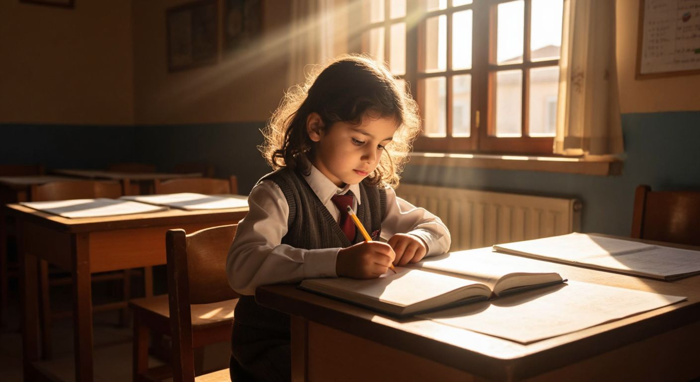 A young student in Turkey, wearing a school uniform, sits at a wooden desk with a pencil in hand, intently studying an open book titled *Antrenmanlarla Matematik 1*, while sunlight streams through a classroom window onto scattered practice sheets.