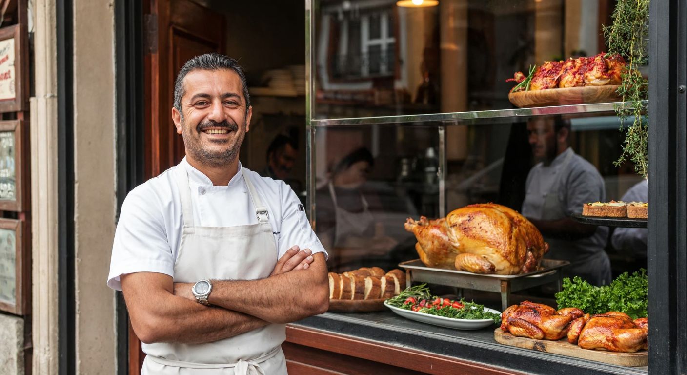 A smiling middle-aged Turkish chef in a white apron stands proudly in front of a rustic restaurant with a golden roasted chicken displayed in the window.