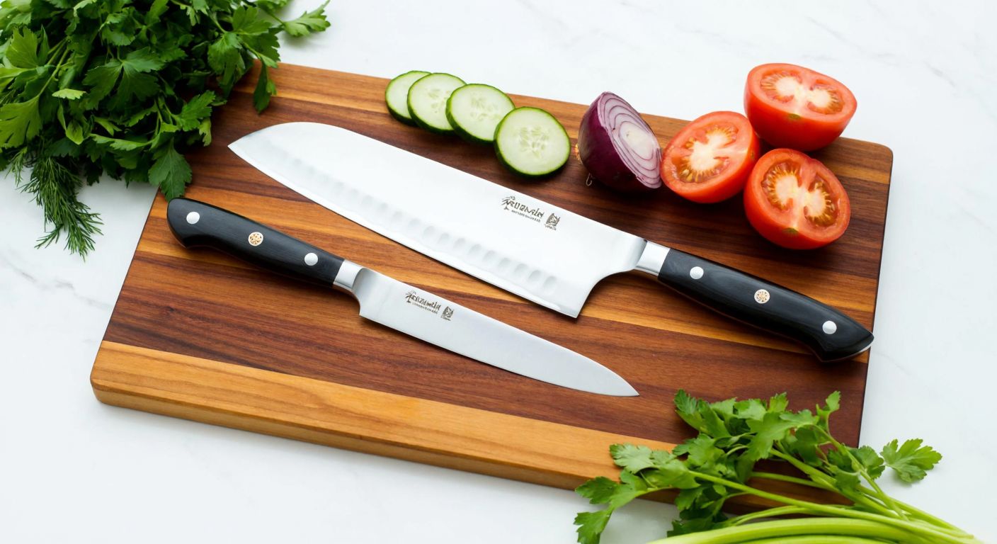 A wooden cutting board with a sharp chef's knife and a santoku knife placed diagonally across it, surrounded by fresh herbs and sliced vegetables, evoking a Turkish kitchen setting.