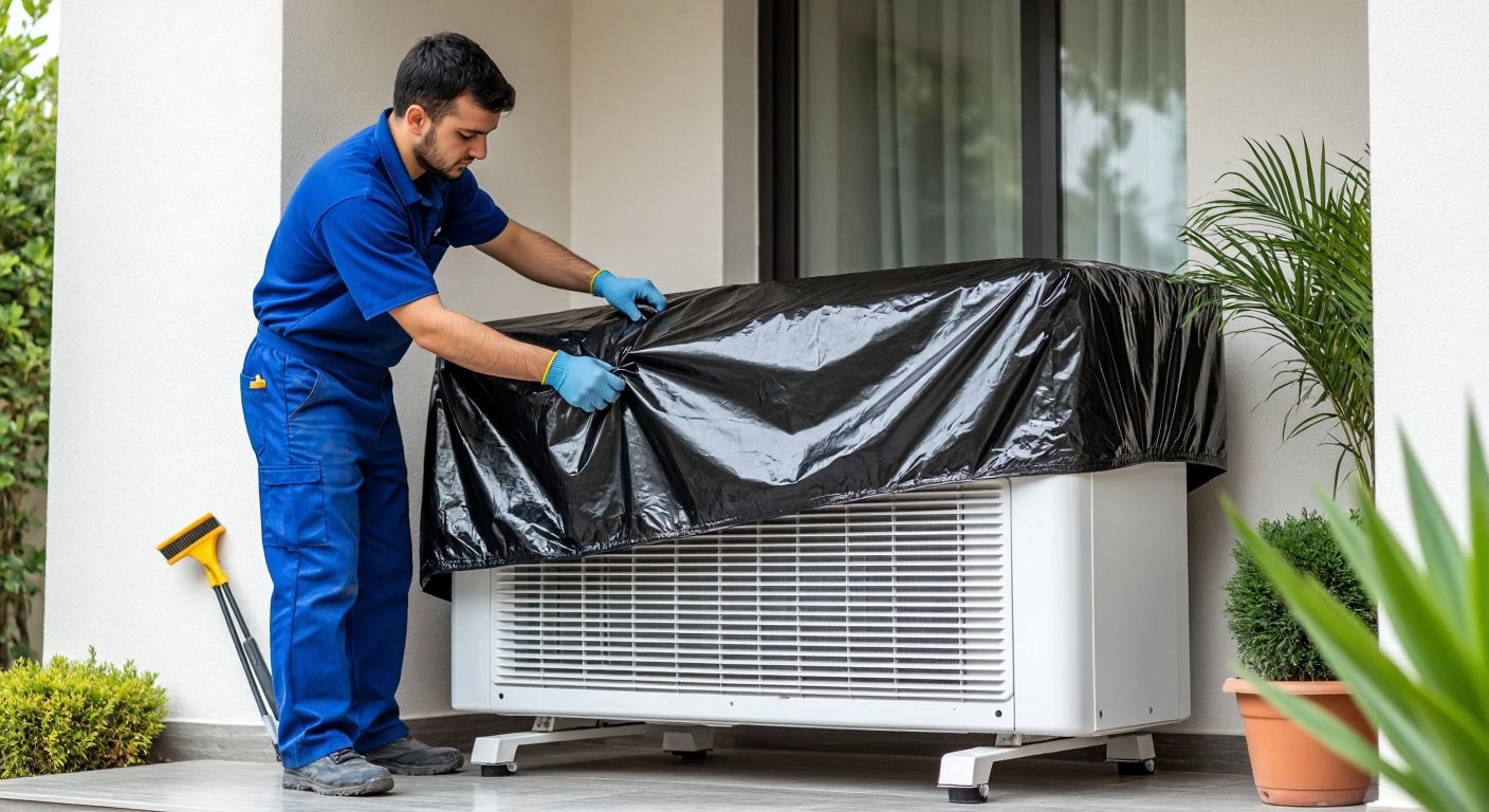 A technician in a blue uniform carefully draping a sturdy, waterproof black cover over a white indoor air conditioning unit in a modern Turkish home, with cleaning tools neatly arranged nearby.