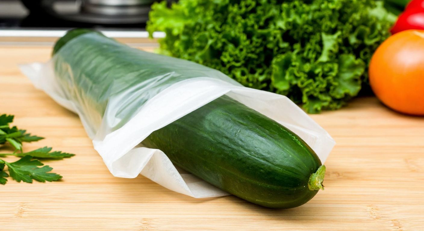 A crisp green cucumber wrapped in a translucent plastic bag with a folded paper towel inside, placed on a wooden kitchen counter in Turkey, surrounded by fresh herbs and vegetables.