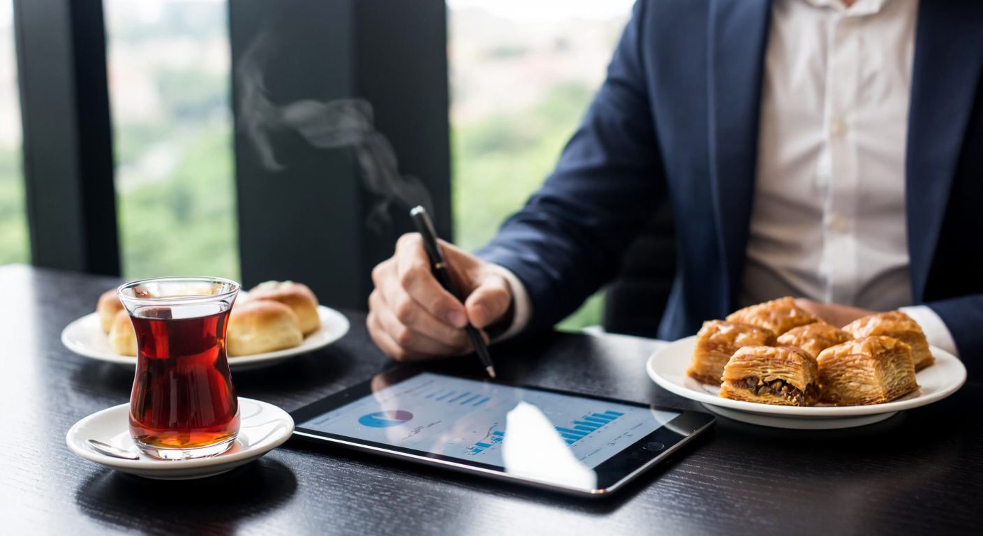 A Turkish investor in a modern office setting reviews financial charts on a sleek digital tablet, with a steaming cup of Turkish tea and a plate of baklava nearby, reflecting confidence and focus.