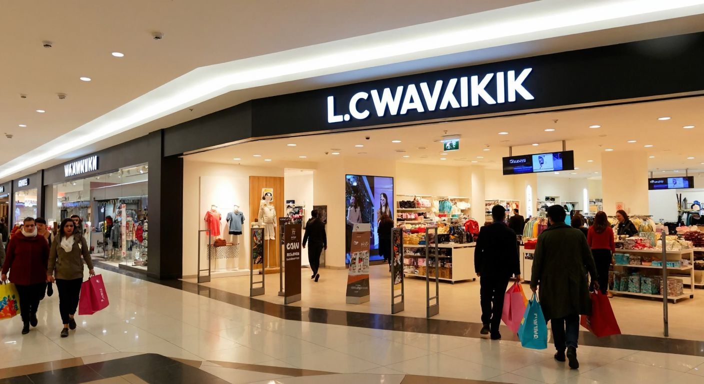 A bustling shopping mall in Bolu with a bright LC Waikiki storefront, shoppers carrying colorful bags, and a warm, inviting atmosphere under soft indoor lighting.