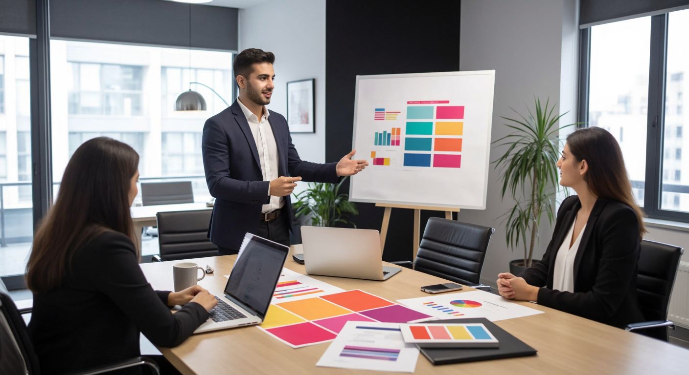 A confident young Turkish professional in a sleek office, presenting a colorful brand strategy board to attentive colleagues, with a laptop and product samples on the table.