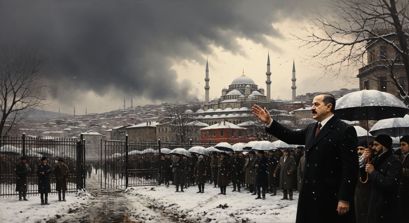 A snowy Istanbul skyline with closed school gates under gray winter clouds, while a man in a formal coat (resembling a governor) gestures toward a crowd holding umbrellas.
