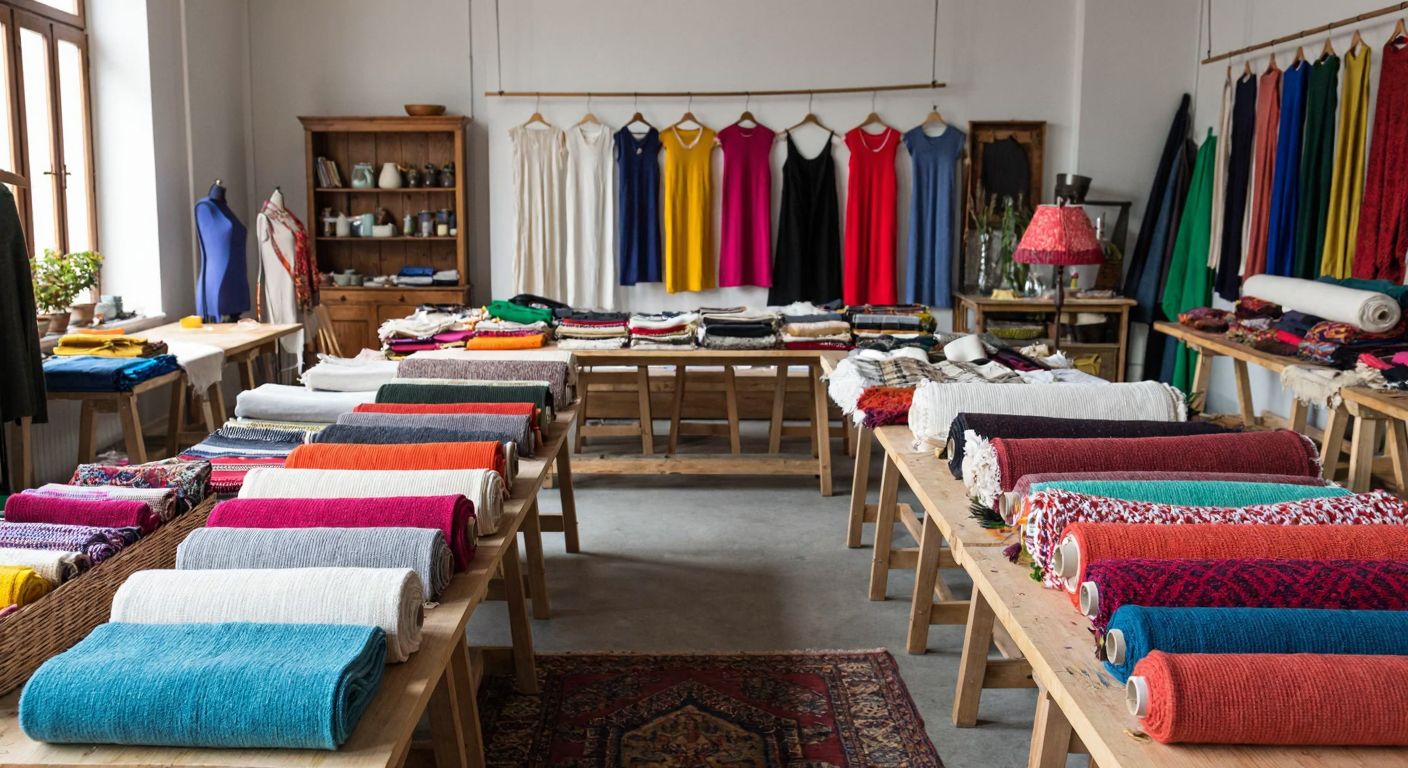 A vibrant Turkish textile workshop with rolls of raw cotton fabric and knitted textiles spread across wooden tables, surrounded by artisans crafting clothing, reusable bags, and home decor items.