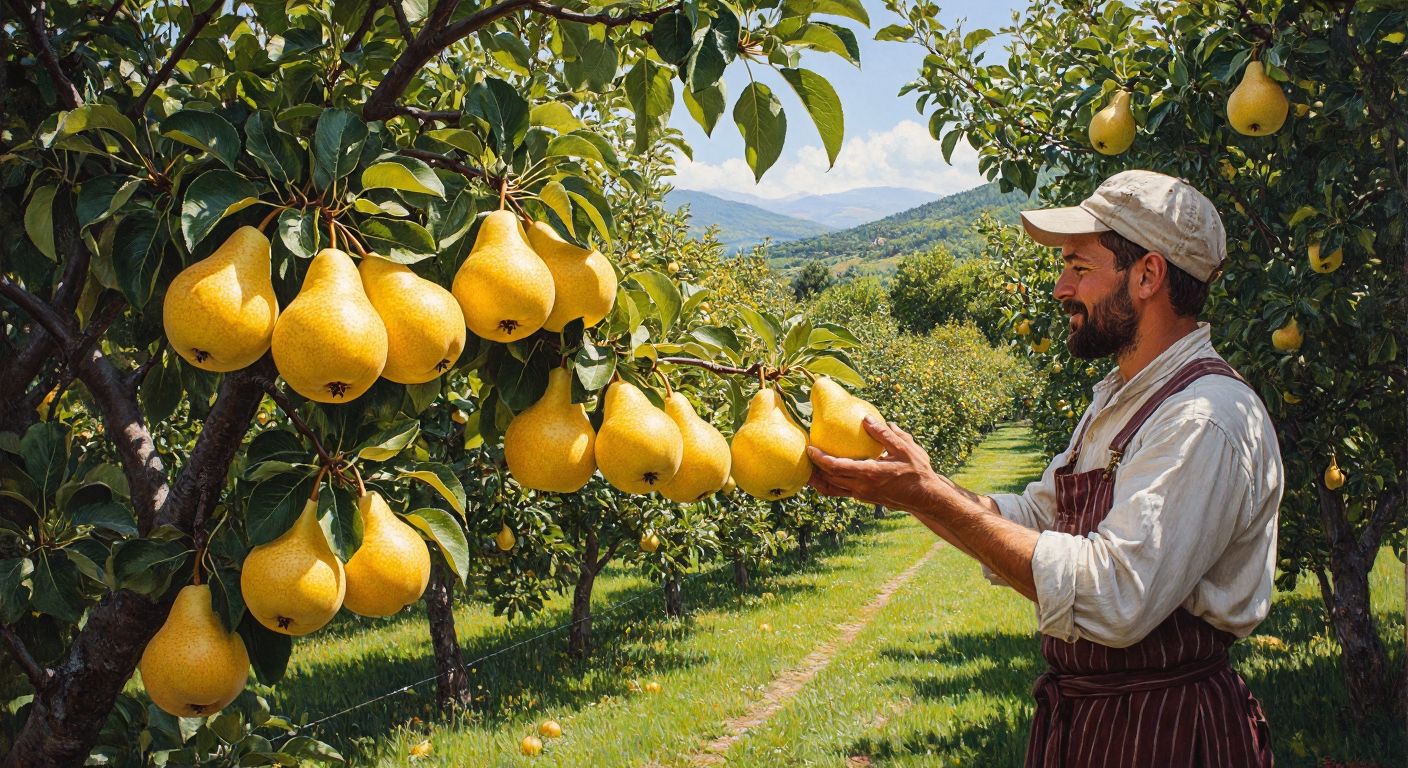 A sunlit orchard in Crimea with ripe golden-yellow Medovaya pears hanging from lush green branches, their honey-like aroma filling the air as a farmer in traditional attire gently picks one.