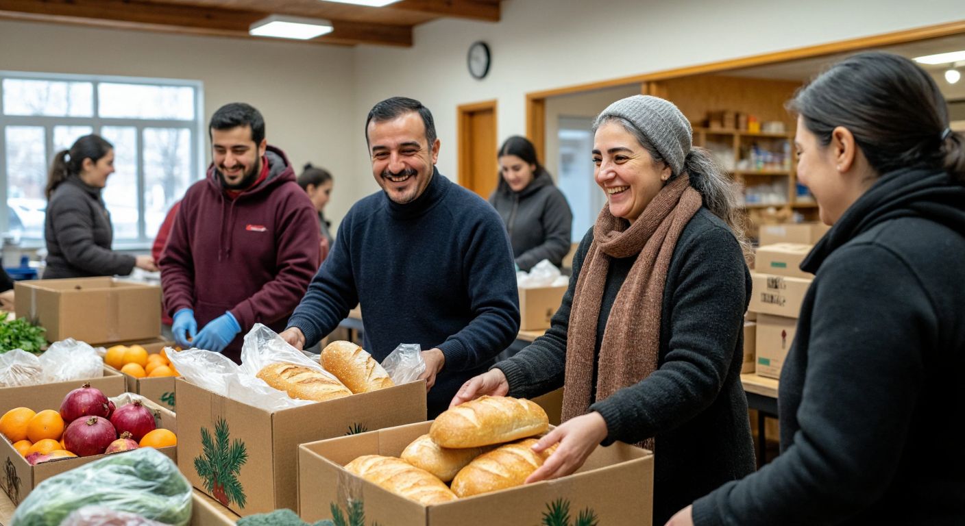 A warm scene in a Turkish community center where smiling volunteers in casual attire pack boxes of fresh bread, seasonal produce, and warm clothing, while others hand out care packages to grateful elderly and young recipients.