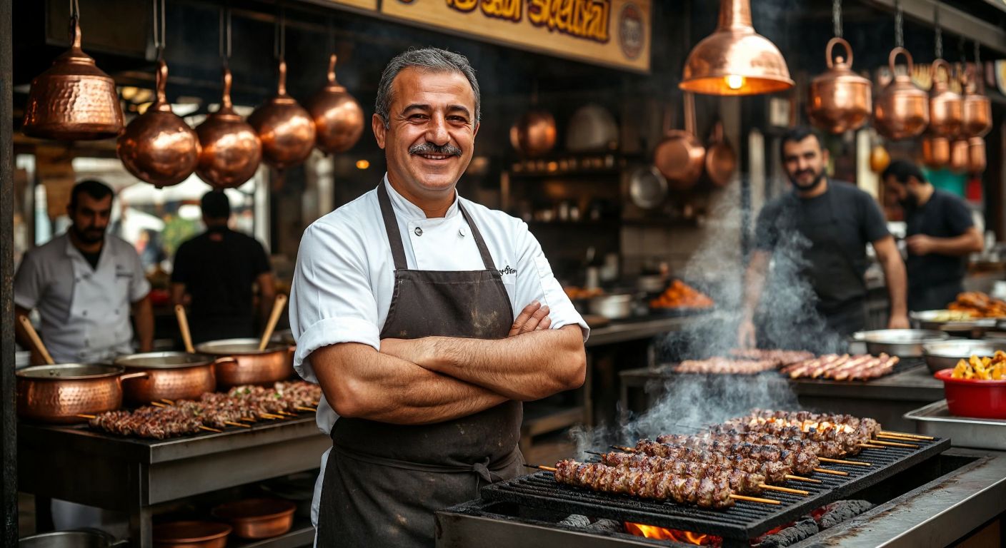 A middle-aged Turkish man with a warm smile, wearing a chef's apron, stands proudly in front of a bustling traditional Turkish restaurant with copper pots and kebabs sizzling on a grill.
