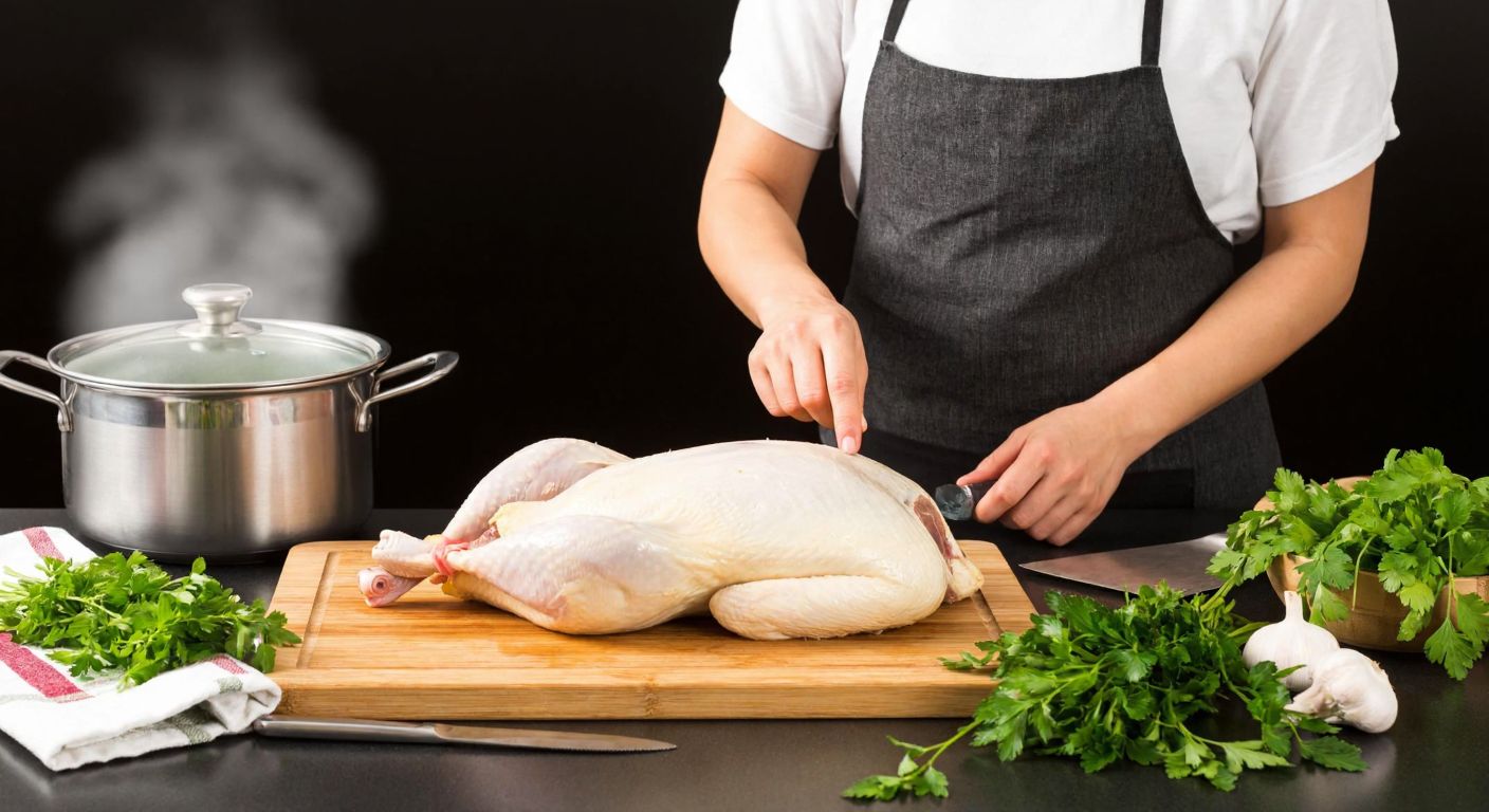 A Turkish kitchen scene with a woman in an apron carefully inspecting a thawed goose piece on a wooden cutting board, surrounded by fresh herbs and a steaming pot in the background.