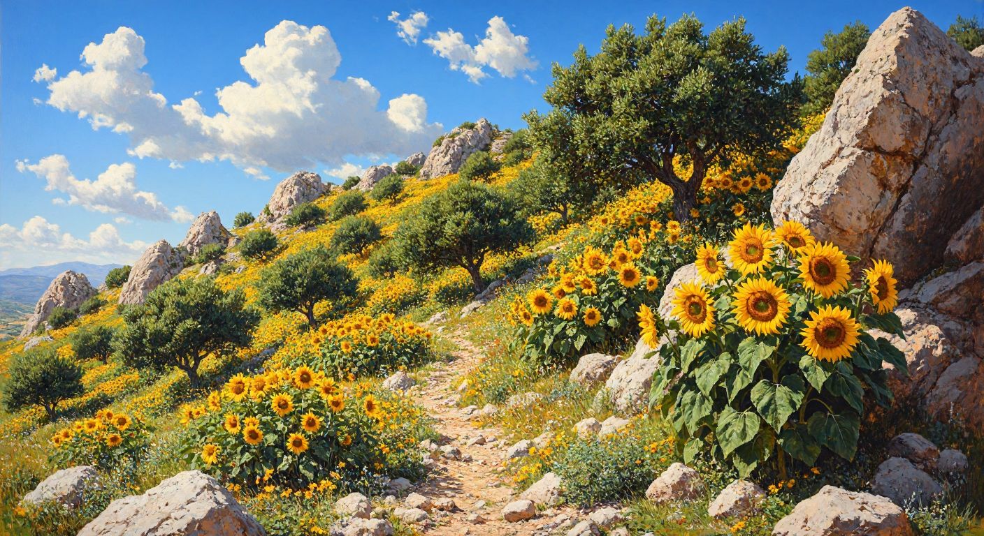 A sunlit rocky hillside in Turkey dotted with resilient pear and fig trees, clusters of juniper bushes, and vibrant sunflowers swaying in the breeze.
