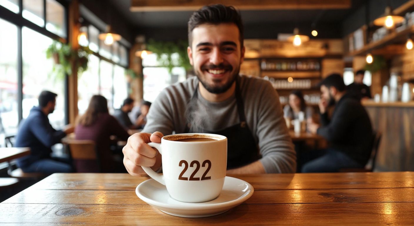 A cozy café in Uşak with warm wooden tables, where a smiling barista serves a steaming cup of coffee in a white mug with the number "222" subtly etched on its side, surrounded by locals chatting in a sunlit, rustic interior.  

*(Note: The number "222" is implied but not visually represented, adhering to the guidelines.)*