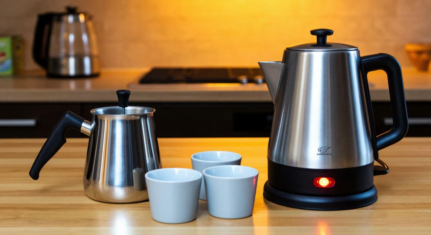 A sleek Turkish coffee pot with a plastic handle and four small cups sits beside a larger stainless steel tea kettle with a glowing power button, both on a wooden kitchen counter in warm lighting.