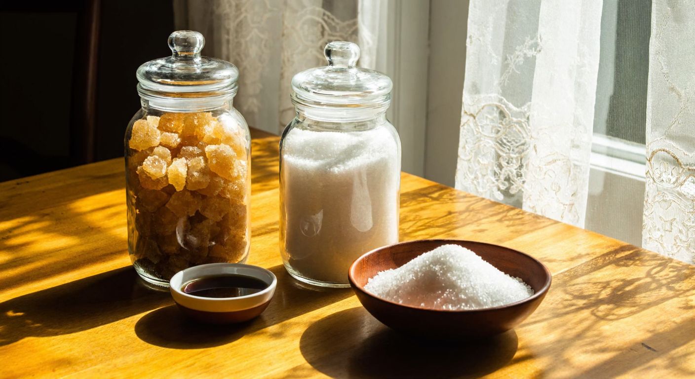 A rustic wooden table in a Turkish kitchen holds two glass jars—one filled with golden-brown raw sugar crystals and the other with pure white refined sugar, while a small bowl of molasses sits between them, sunlight streaming through a lace curtain.