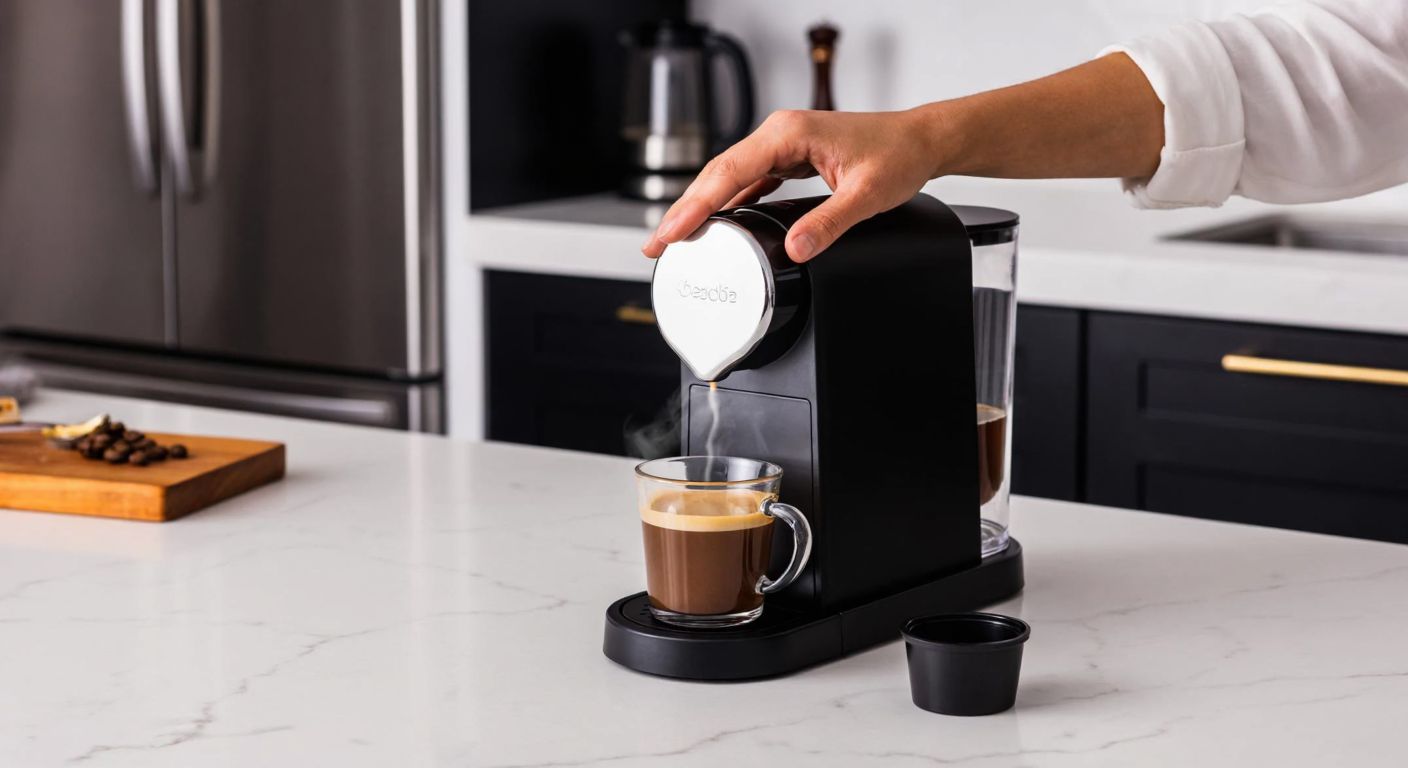 A modern Turkish kitchen with a sleek capsule coffee machine on a marble countertop, a person’s hands carefully inserting a flat coffee capsule while steam rises from a freshly brewed cup nearby.