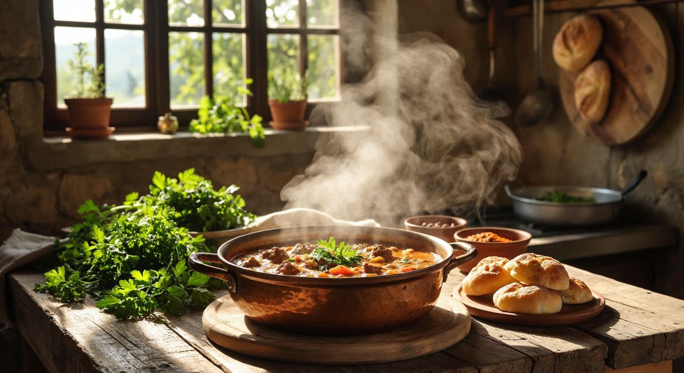 A steaming bowl of **ciskek**, a hearty Anatolian wheat and meat stew, sits on a rustic wooden table in a sunlit Adana kitchen, surrounded by fresh herbs and warm bread.