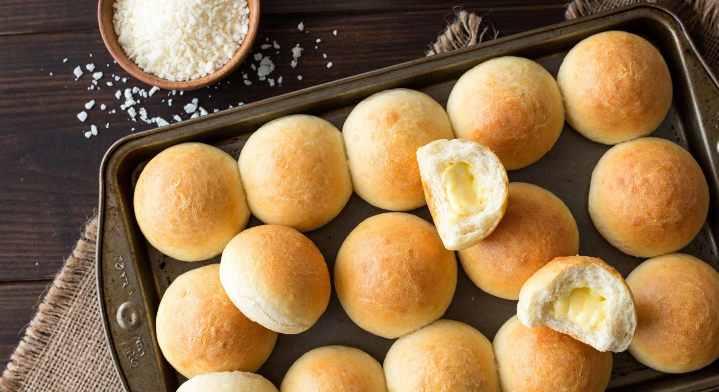 A golden-brown tray of freshly baked Brazilian cheese bread (Pão de Queijo), with a few cracked open to reveal the soft, cheesy interior, placed on a rustic wooden table with scattered tapioca flour and a bowl of grated Parmesan nearby.