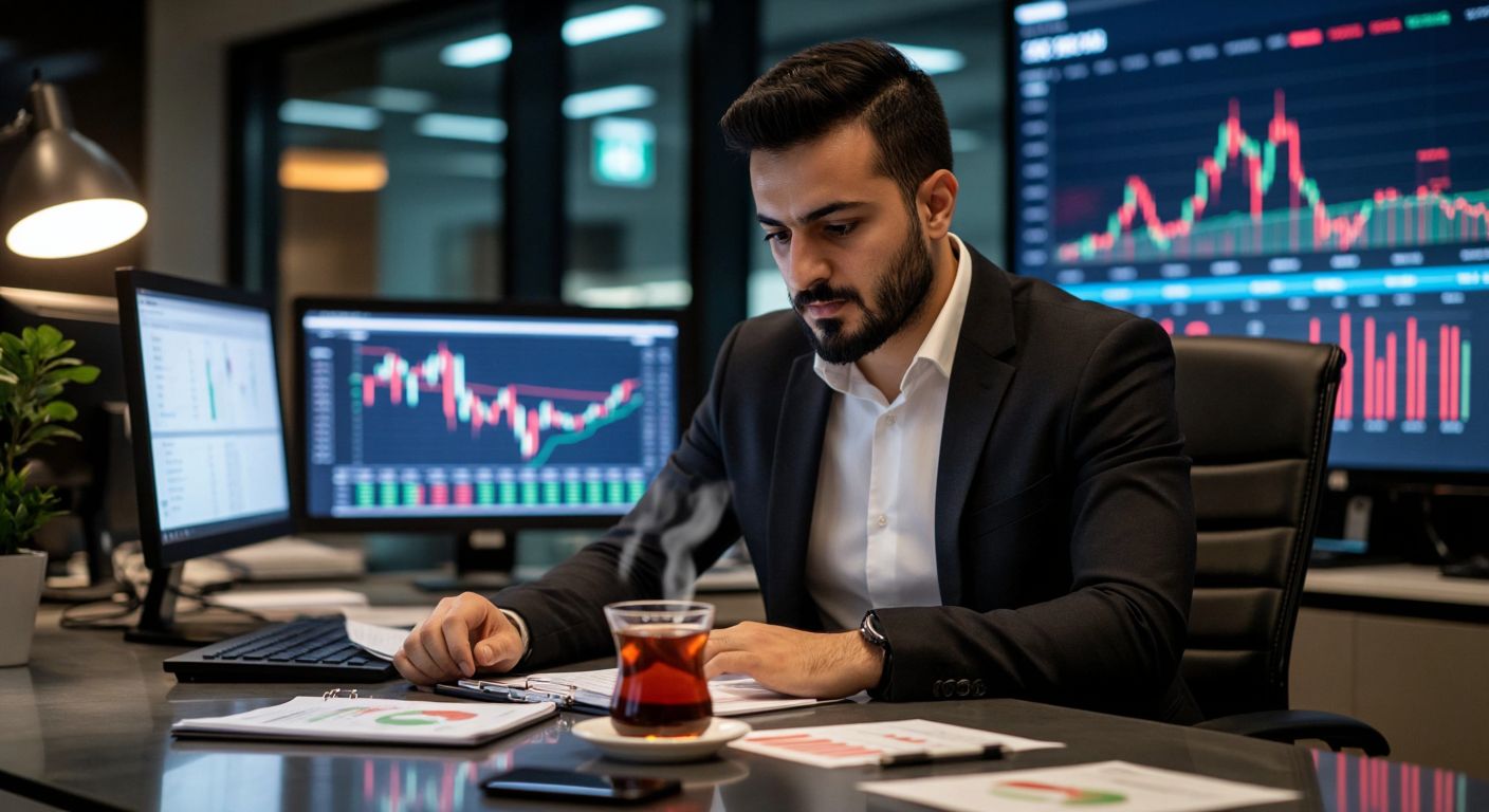 A focused Turkish trader in a modern office checks a calendar-free futures expiration schedule on a sleek, unmarked digital display, surrounded by financial charts and a steaming cup of Turkish tea.
