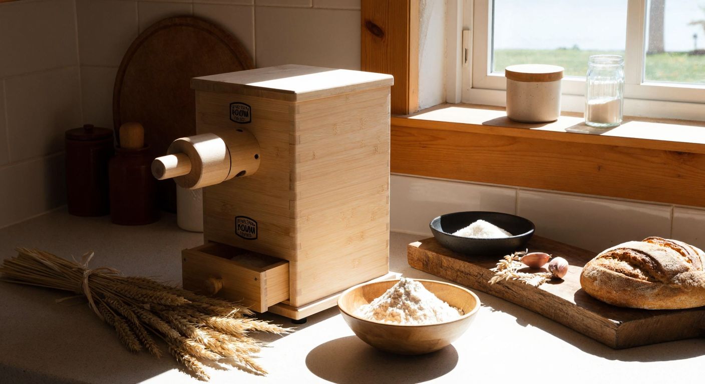 A wooden Komo flour mill sits on a sunlit kitchen counter in Turkey, surrounded by fresh wheat grains, a rustic bowl of flour, and a warm loaf of bread cooling nearby.