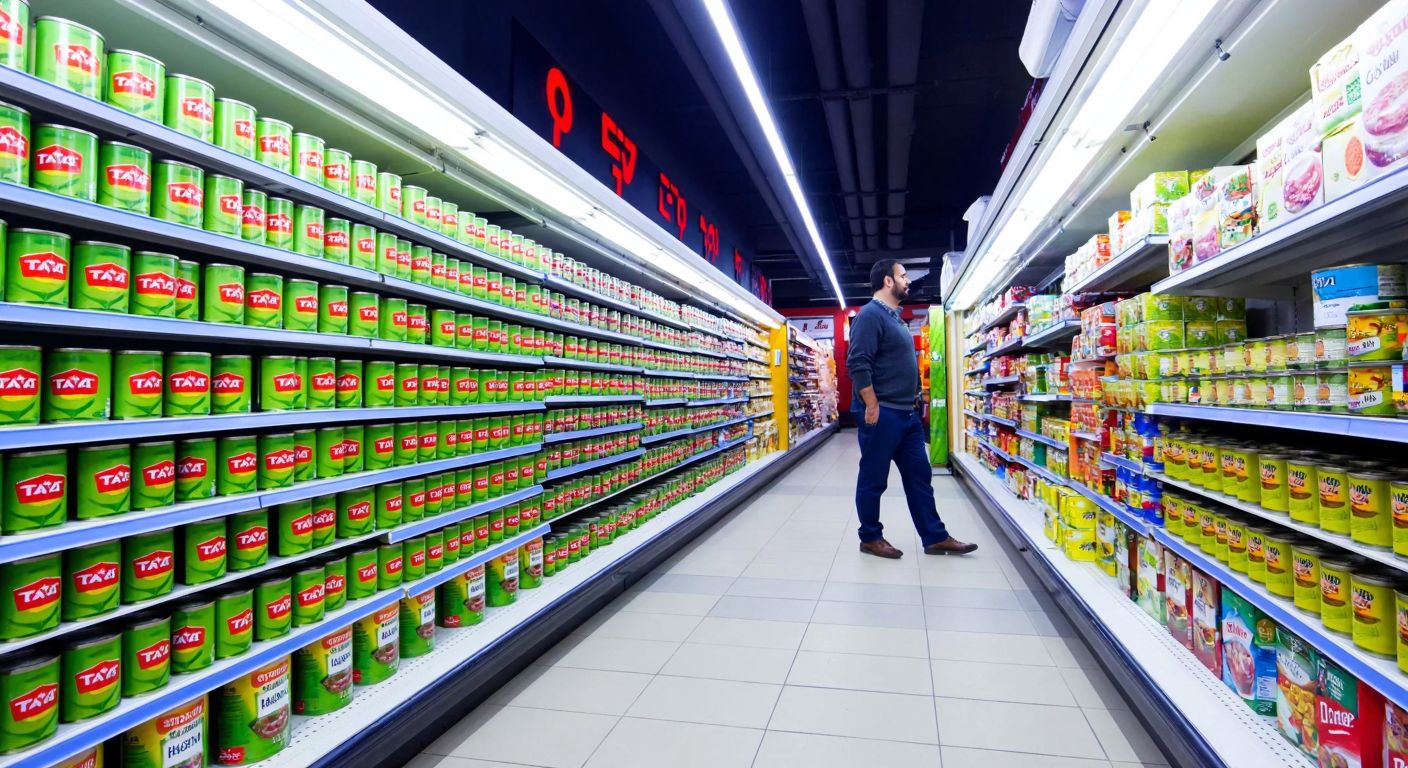 A colorful supermarket aisle in Turkey with neatly stacked cans of okra (bamya) featuring brands like Tat, Gurme212, and Superfresh, while a shopper in casual attire examines them under bright fluorescent lights.