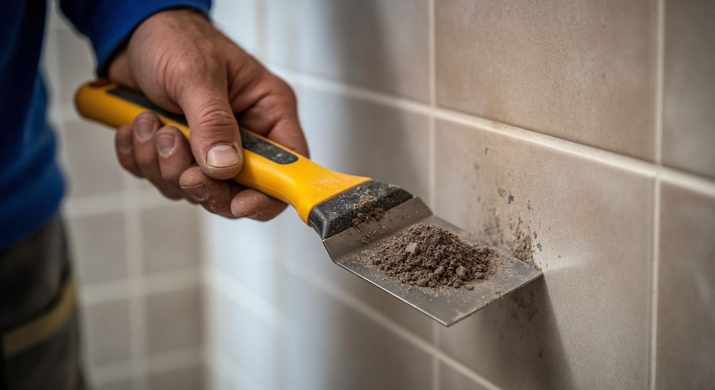 A close-up of a worker's hand holding a plastic grout scraper with soft filler residue on one side and a metal grout scraper with hardened debris on the other, against a backdrop of tiled Turkish bathroom walls.