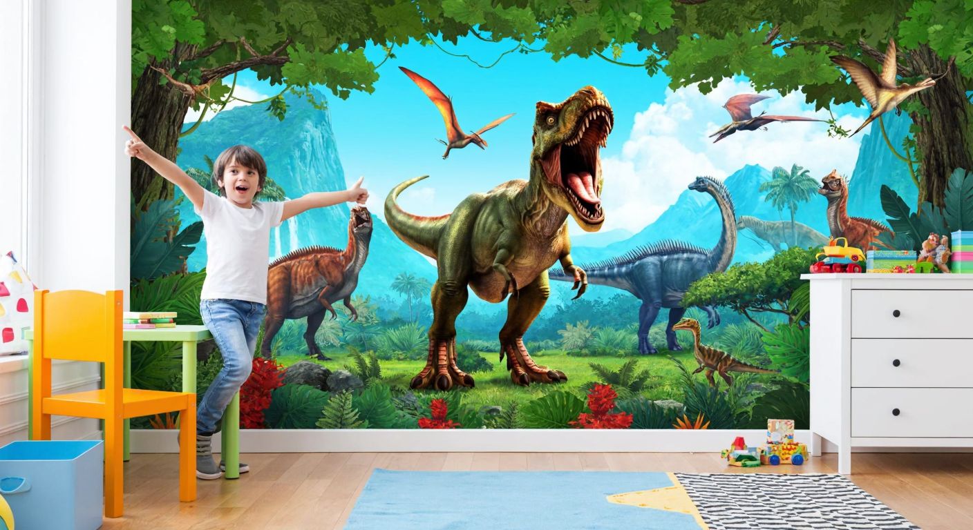 A vibrant, playful child's room with a large, colorful dinosaur-themed wallpaper featuring a T-Rex roaring in a lush prehistoric jungle, while a smiling Turkish child in casual clothing points excitedly at the design.