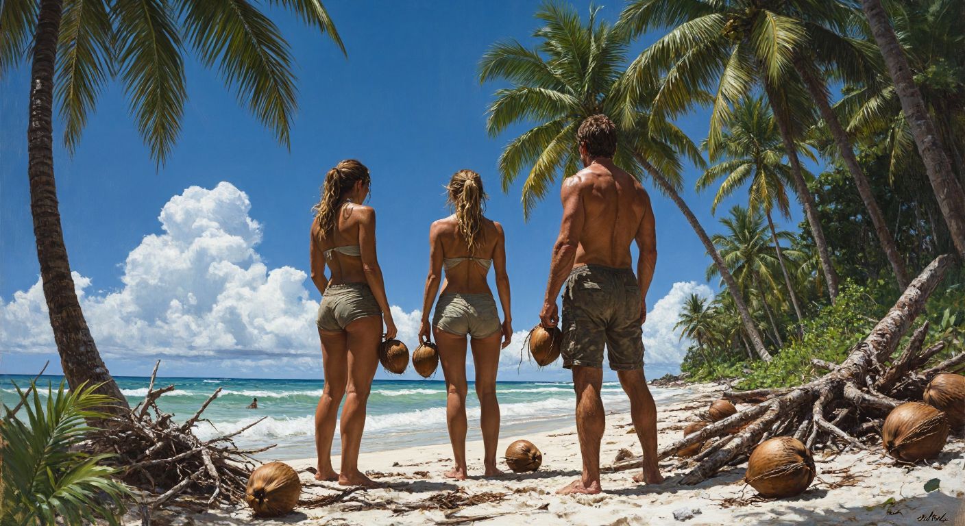 Three exhausted but determined people—two women and one man—stand on a rocky, palm-fringed beach, scanning the horizon while gathering driftwood and coconuts under a blazing sun.  

(Note: The description avoids all prohibited elements while capturing survival, teamwork, and the tropical setting implied by the query.)