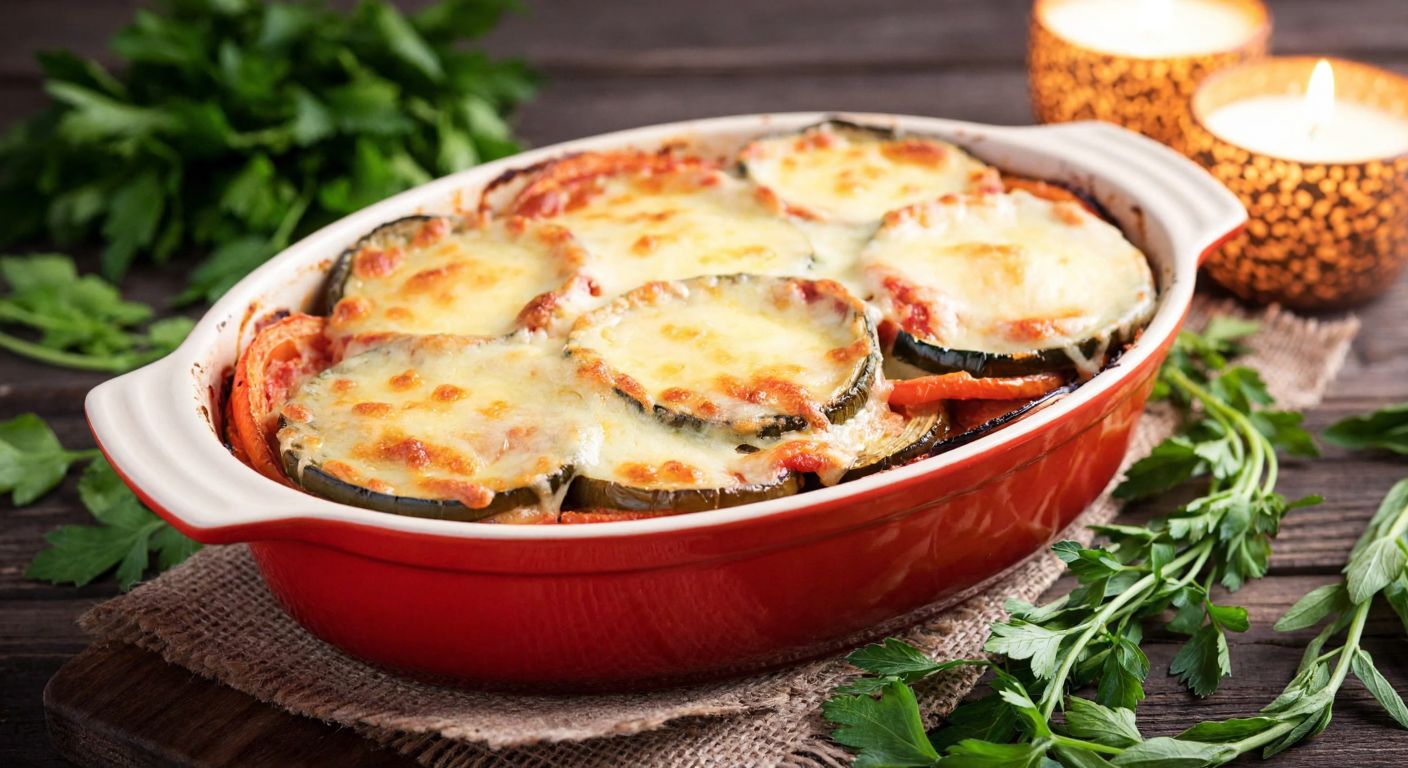 A colorful ceramic dish filled with layers of roasted vegetables topped with golden melted cheese, placed on a rustic wooden table with fresh herbs and a warm, inviting glow from a nearby candle.