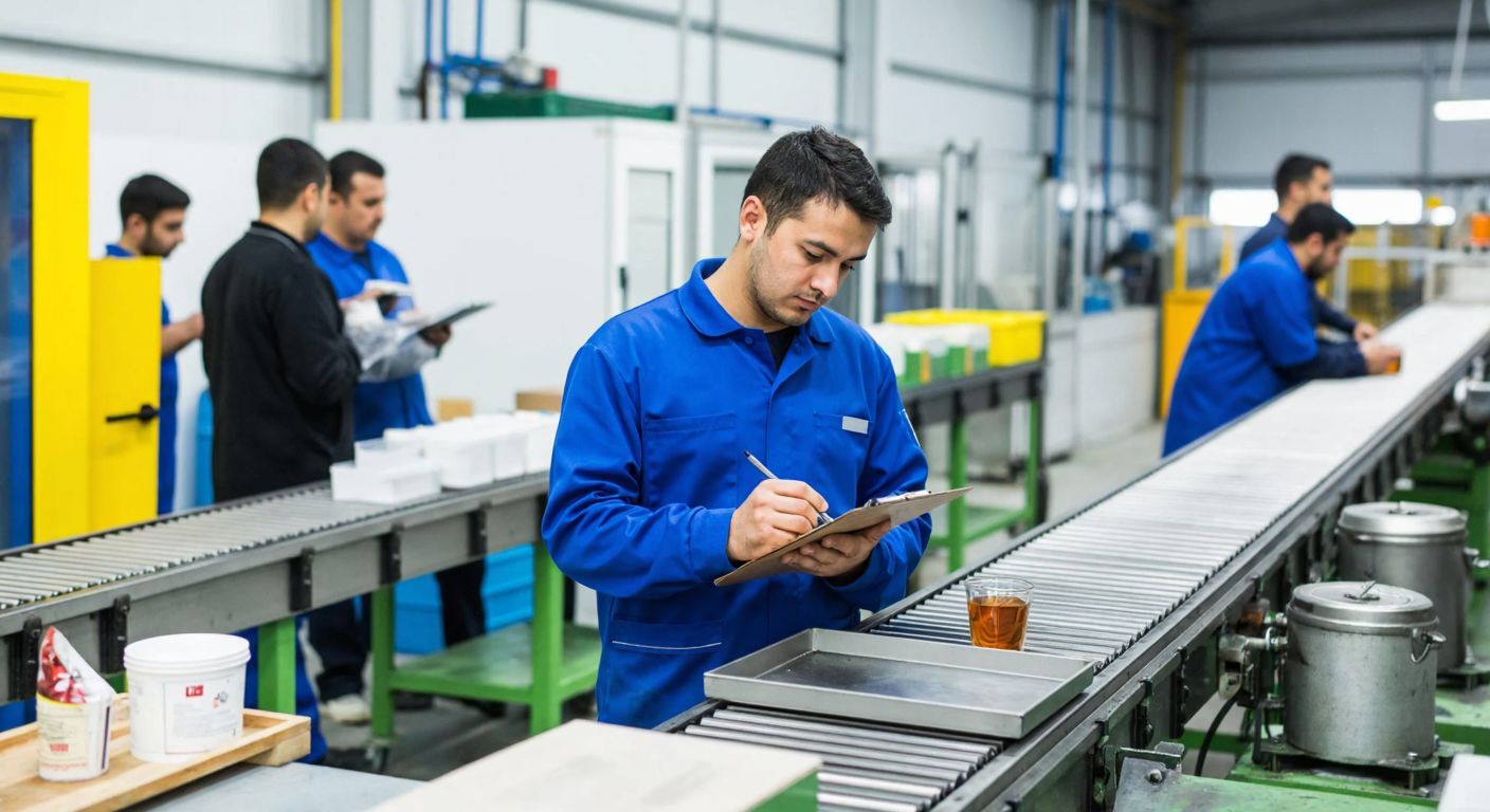 A Turkish factory worker in a blue uniform checks a clipboard while standing near a conveyor belt with partially assembled products, surrounded by machinery and colleagues taking a tea break.
