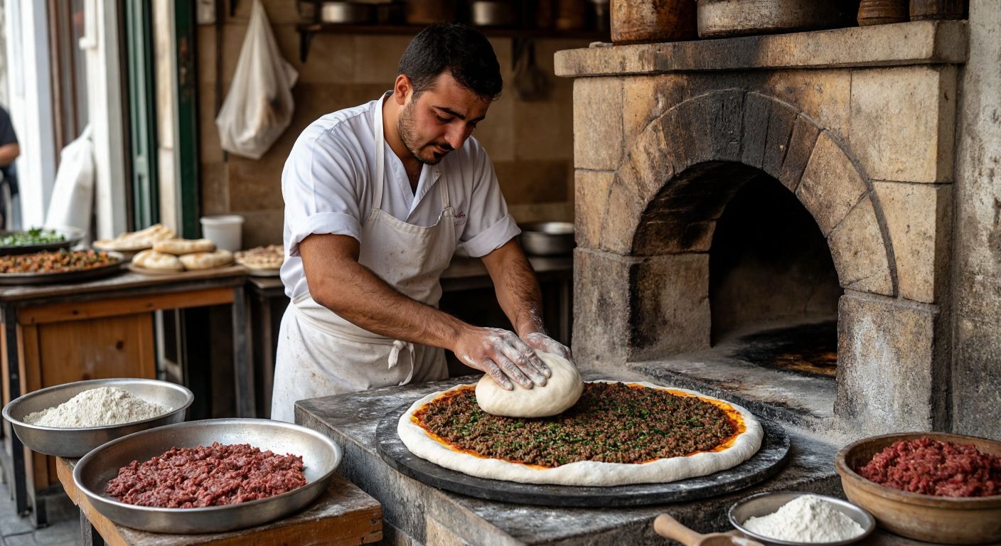 A bustling Turkish street vendor in a white apron kneads dough while a sizzling lahmacun topped with minced lamb and herbs bakes in a stone oven, with a bowl of lean beef nearby.
