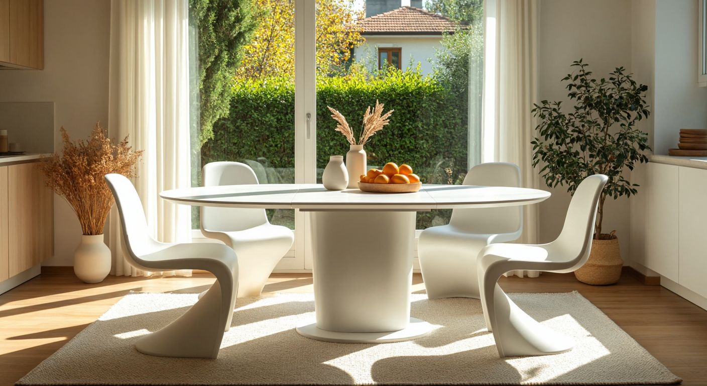A modern white oval kitchen table with four matching chairs, set in a bright Turkish home with warm sunlight streaming through the window.
