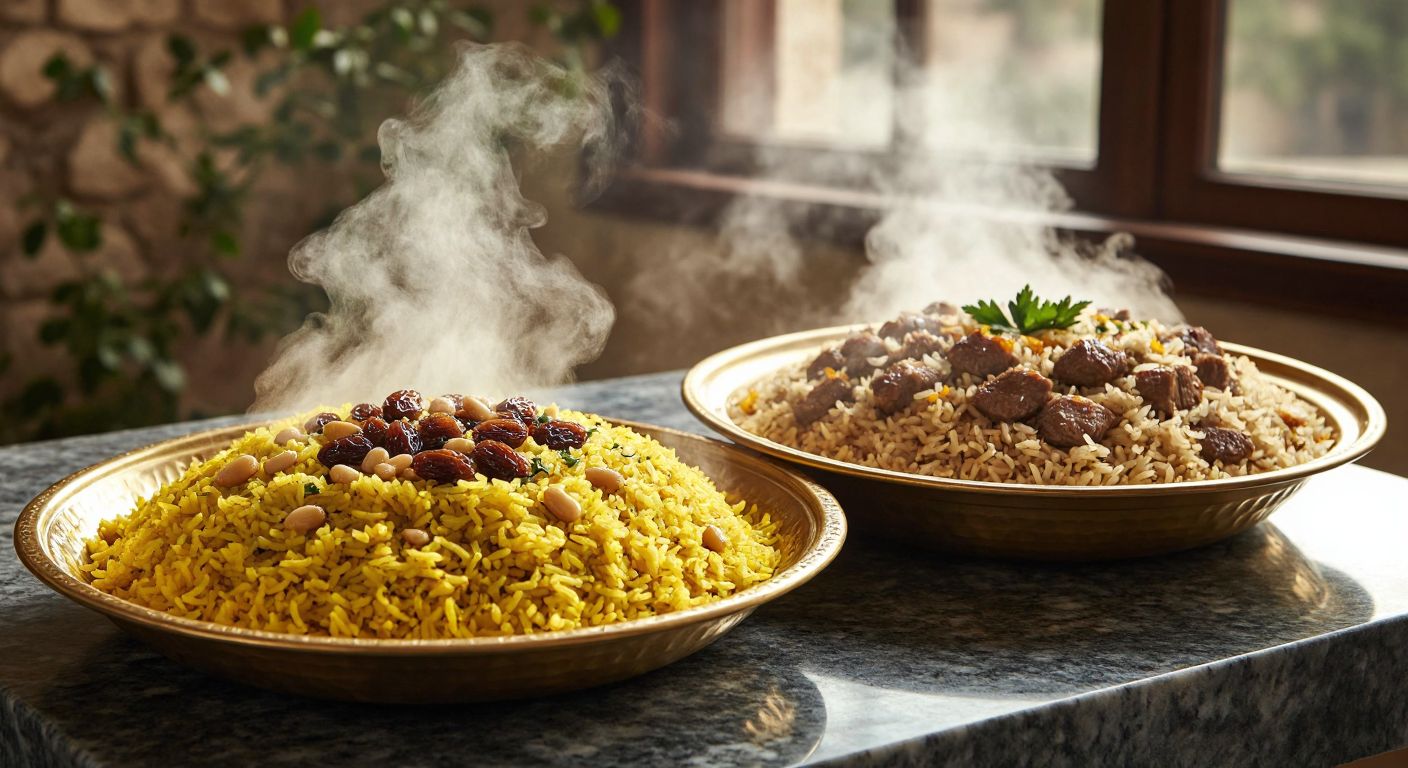 A steaming golden plate of **zerde pilavı** with saffron-yellow hues and scattered pine nuts sits beside a savory **Acem pilavı** with tender meat, raisins, and aromatic spices, both emitting fragrant swirls of steam in a warm Turkish kitchen.