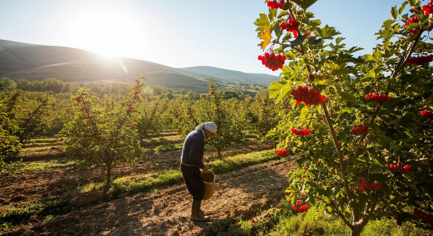 A sunlit orchard in Turkey's Central Anatolia region, with girebolu trees bearing small, vibrant red fruits, surrounded by rolling hills and a farmer in traditional clothing carefully harvesting them.
