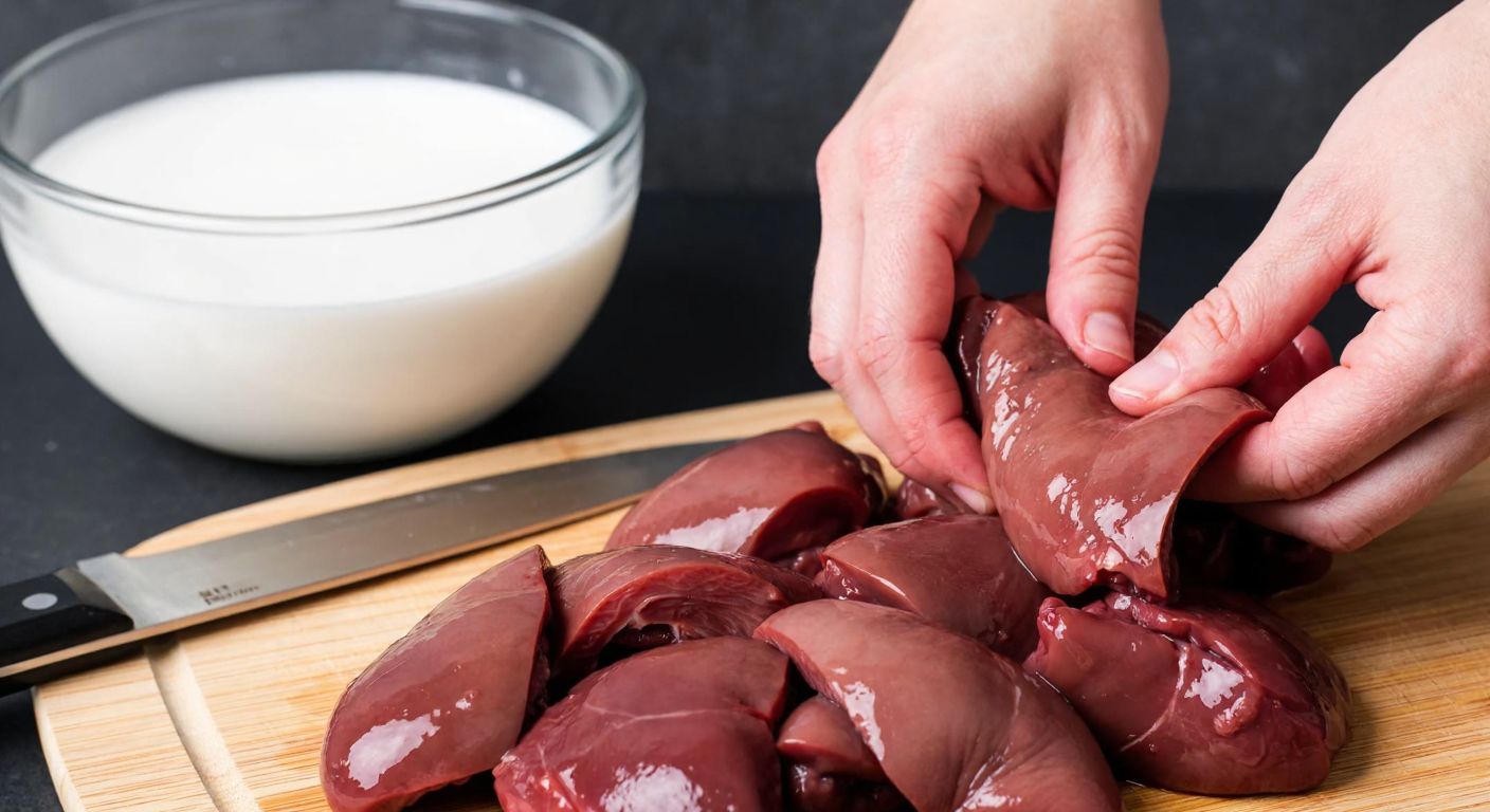 A close-up of hands carefully cleaning fresh chicken livers on a wooden cutting board, with a bowl of cold water nearby and a sharp knife resting beside the glistening, reddish-brown livers.