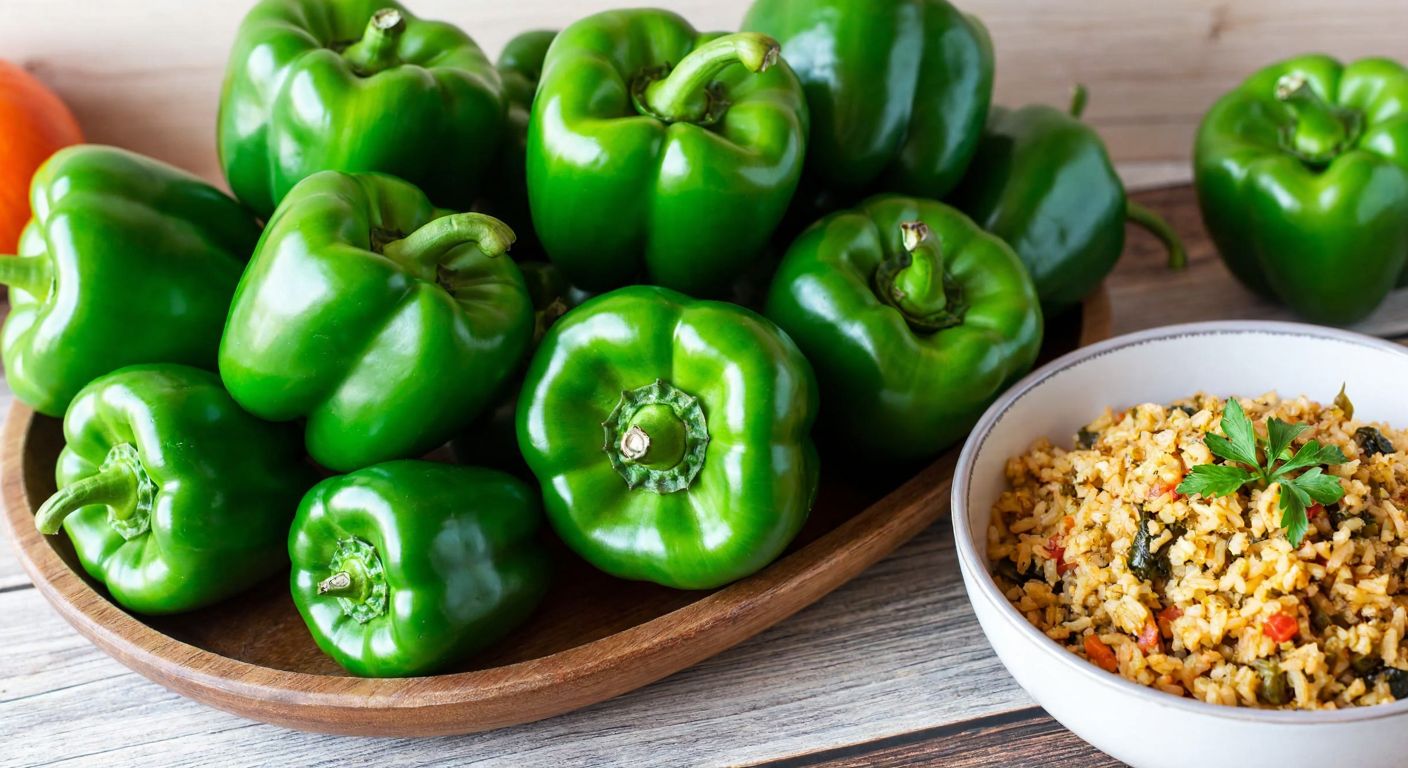 A vibrant pile of plump, dark green bell peppers with four distinct lobes (female peppers) arranged neatly on a rustic wooden table next to a bowl of fragrant rice stuffing, evoking the warmth of a Turkish kitchen.