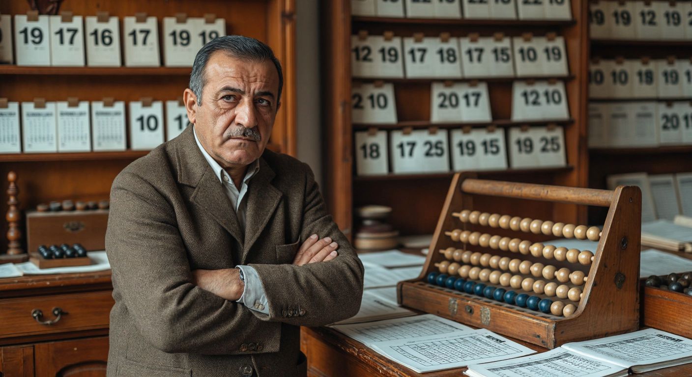 A middle-aged Turkish man with a thoughtful expression stands near a traditional wooden abacus, surrounded by scattered calendar pages showing the years 1977 and 2025.