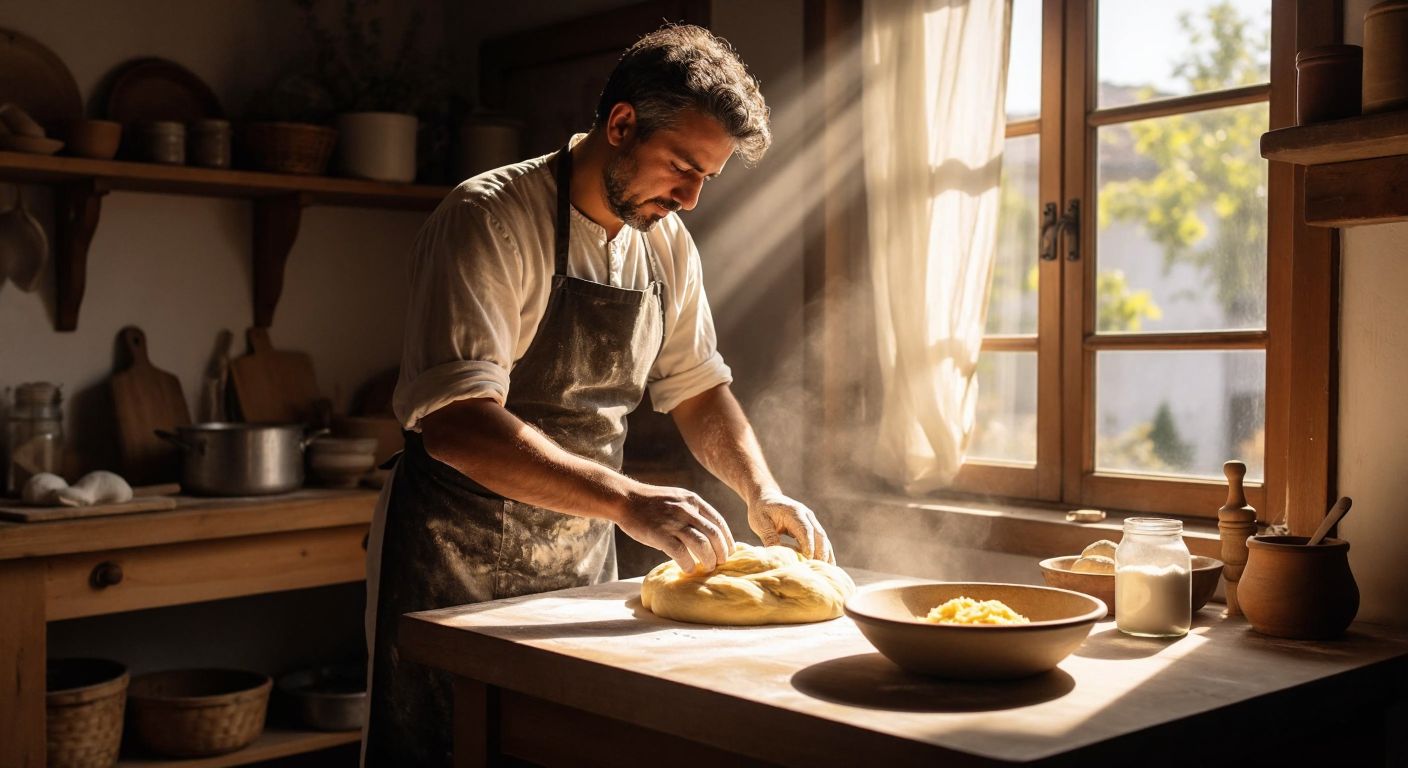 A Turkish baker in a flour-dusted apron kneading golden dough on a wooden table, with a small bowl of salt nearby and sunlight streaming through a rustic kitchen window.